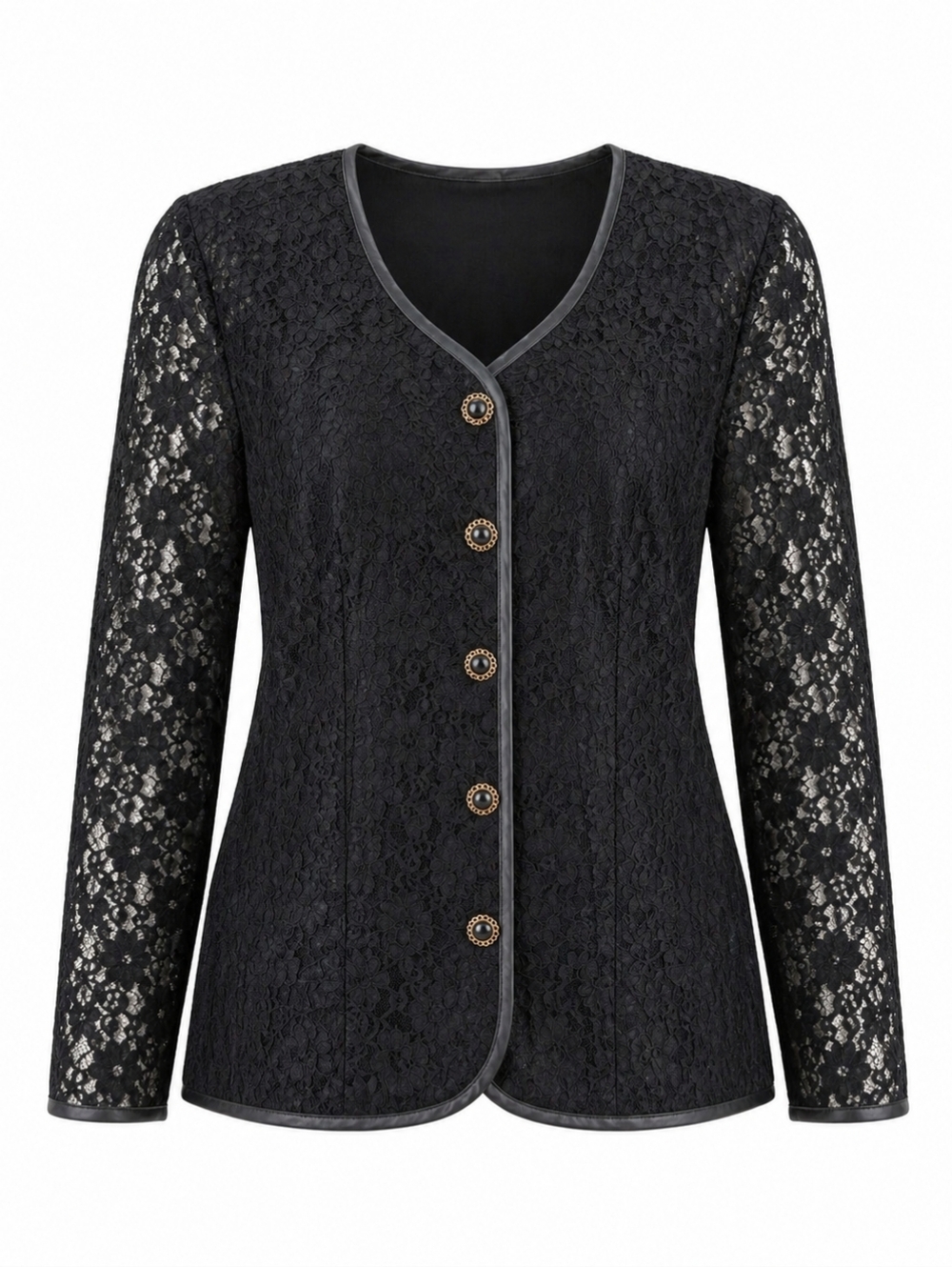 Vintage Lindor Black Lace V-Neck Women's Long Sleeve Gold Button Blouse Size L